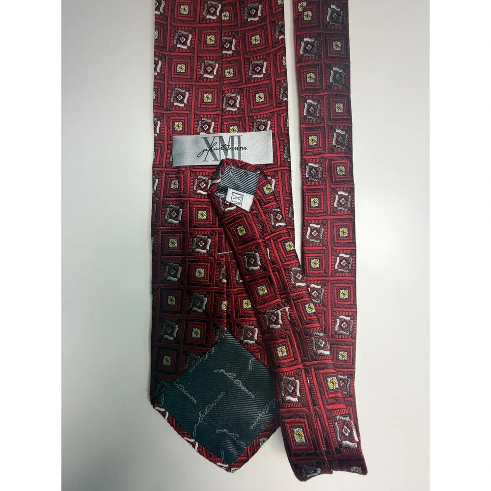 XMI Platinum Silk Tie Mens Red Geometric Square Pattern Italian Fabric USA Made